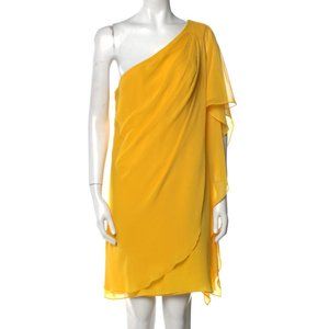 💛 BADGLEY MISCHKA One-Shoulder Crepe Cocktail Dress, Size 12, Yellow -GORGEOUS!
